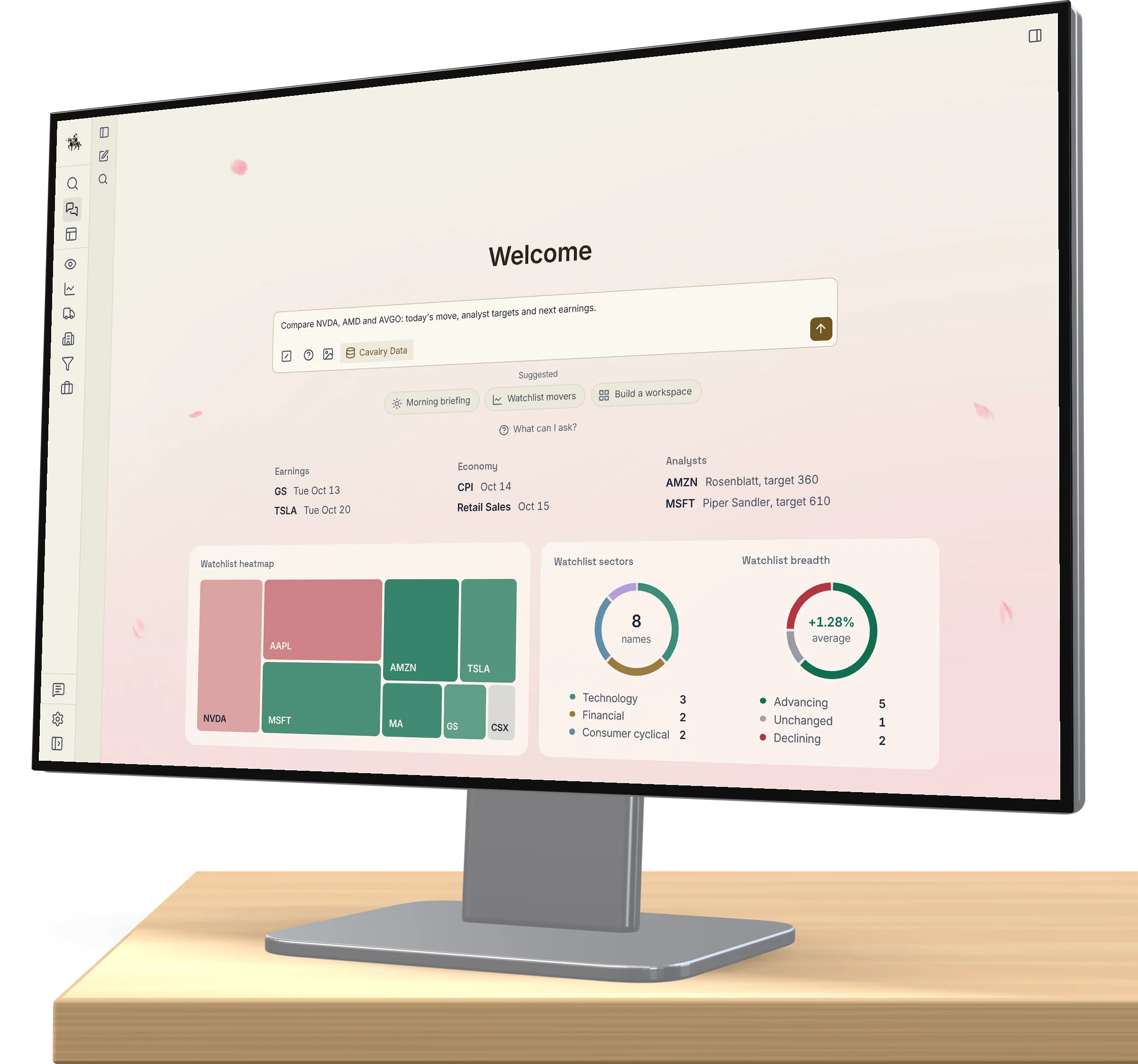 The Cavalry AI chat home: a market question typed in the composer, the coming earnings, releases and analyst calls, and the watchlist heatmap, sectors and breadth